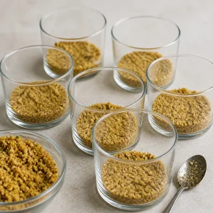 Nut crumb bases pressed into small clear dessert glasses