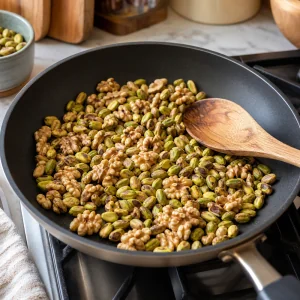 Pistachios and walnuts toasting in a dry skillet