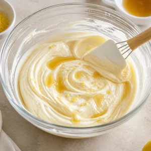 Smooth honey cream cheese mixture with lemon zest in a bowl