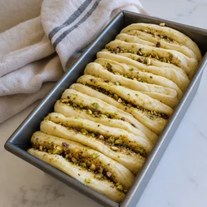 Pilhas de massa com pistache colocadas com o corte para cima na forma para a segunda fermentacao