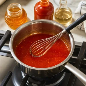 Miód, ostry sos i ocet jabłkowy ubijane na błyszczącą glazurę hot honey.