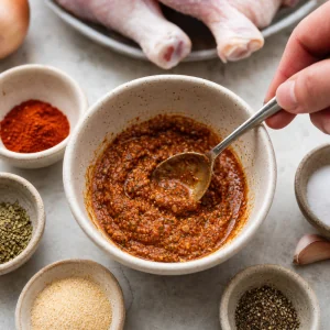 Knoblauch Kraeuter Paprika Gewuerzpaste mit Olivenoel in einer kleinen Schuessel verruehrt