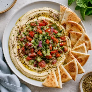 Finished hummus plate with herbs, zaatar, and pita wedges