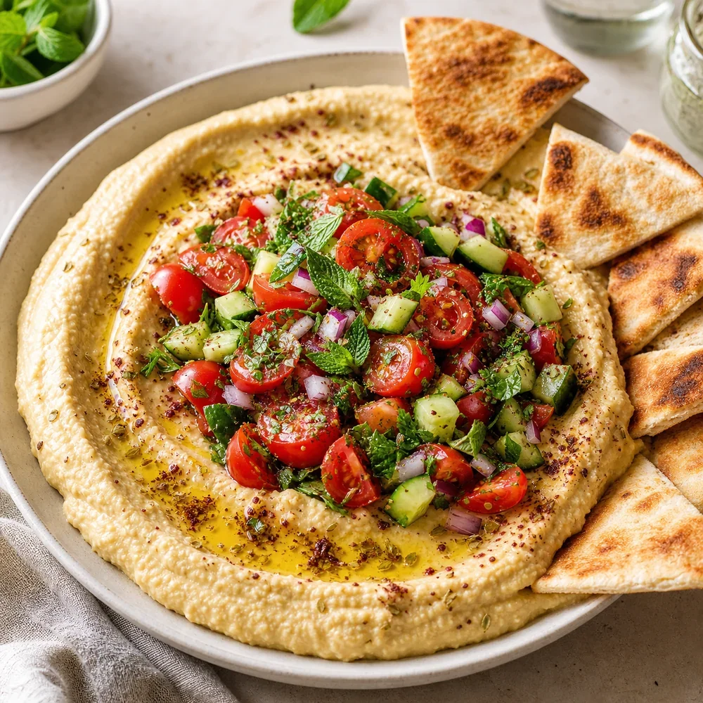 Hummus topped with tomato cucumber salad and pita wedges