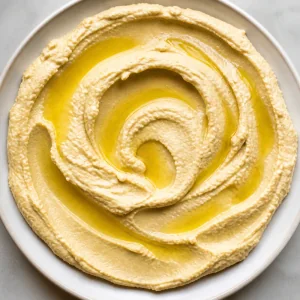 Olive oil pooled in swirled hummus