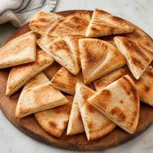 Toasted pita wedges on a board