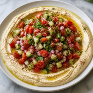 Tomato cucumber salad heaped over hummus