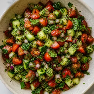 Tomato cucumber salad mixed with fresh herbs