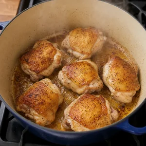 Chicken thighs browning skin side down in a Dutch oven