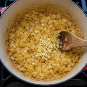 Chopped onions and garlic cooking until soft and golden