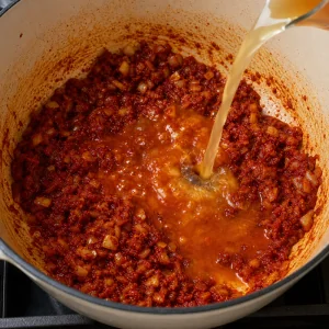 Paprika and tomato paste stirred into onions as broth is added