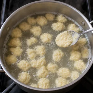Small egg dumplings floating in simmering salted water