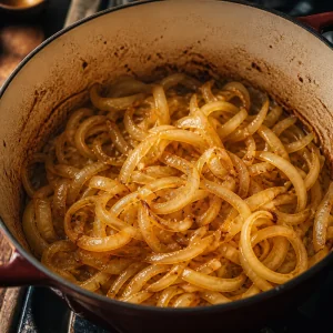 Goldene Zwiebelscheiben garen im Topf
