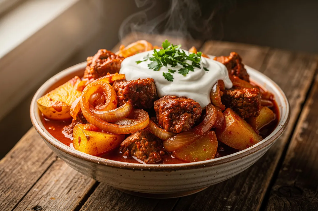 Ungarische Yahnia – Paprika-Rind mit Zwiebeln & Sauerrahm
