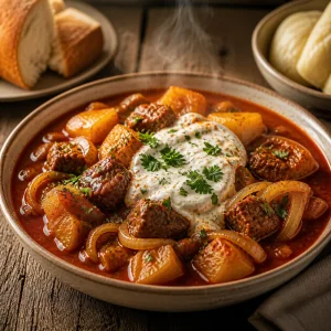 Paprika-Rindereintopf mit Sauerrahm und Petersilie serviert