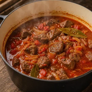 Paprika-Rindereintopf kocht mit Tomaten und Lorbeer