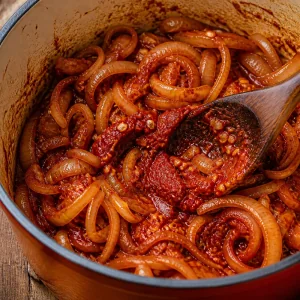 Paprika und Tomatenmark unter Zwiebeln geruehrt