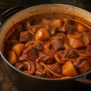 Zarter Paprika-Rindereintopf ist im Topf eingedickt