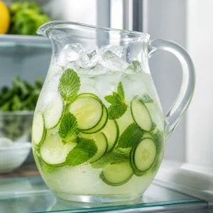 Gekühlter Krug mit Gurken-Minze-Wasser und Eis