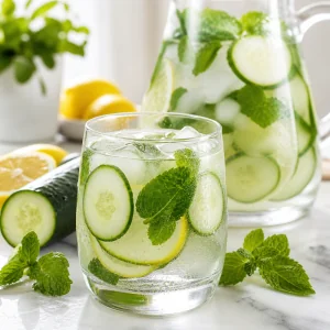 Glas mit gekühltem Gurken-Minze-Elektrolytwasser