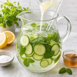 Zitronensaft wird in Gurken-Minze-Wasser eingerührt