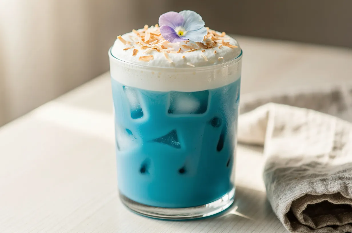 Iced Blue Spirulina Latte con schiuma di cocco e vaniglia