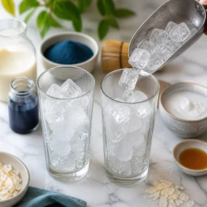 Tall glasses filled with ice cubes