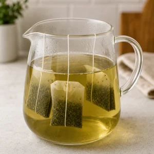 Green tea bags steeping in hot water