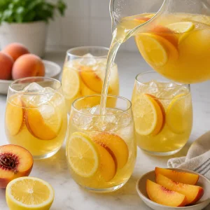 Peach green tea lemonade being poured over ice
