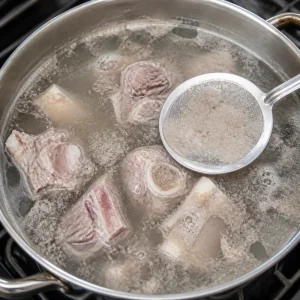 Куски баранины варятся в воде, с поверхности снимают пену