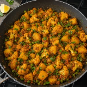 Finished aloo gobi with cilantro in the skillet