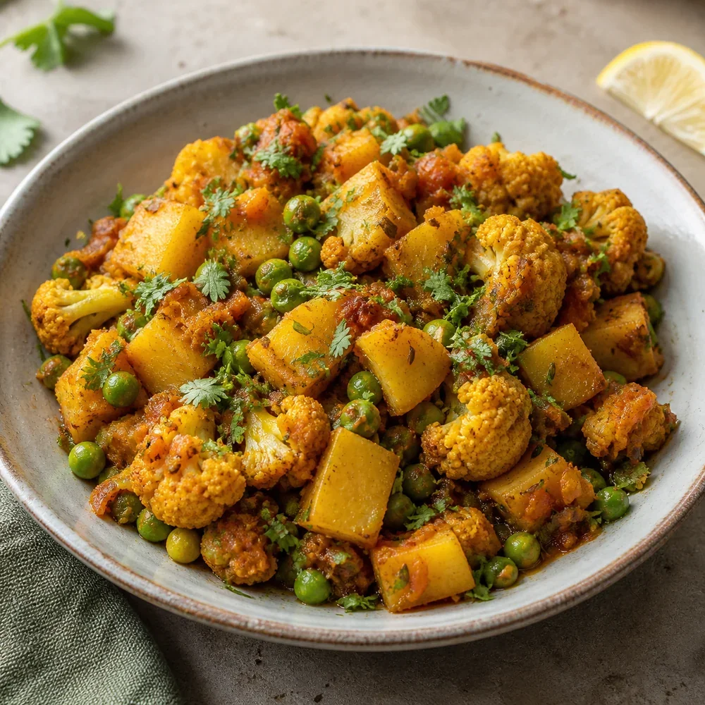 Finished aloo gobi with peas in a serving bowl