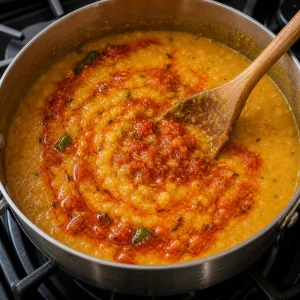 크리미하게 익은 렌틸에 섞는 토마토 타드카