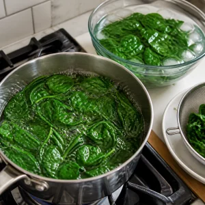 Bright green spinach being blanched