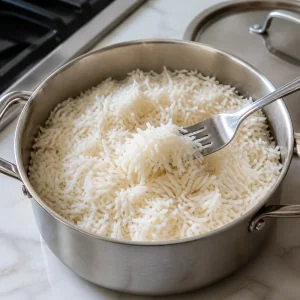 Fluffy cooked basmati rice in a saucepan