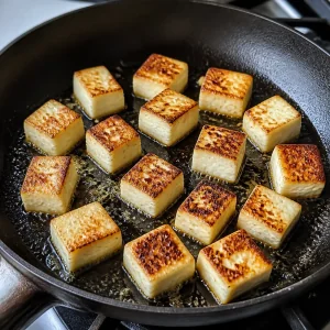 Paneer cubes browning in a skillet