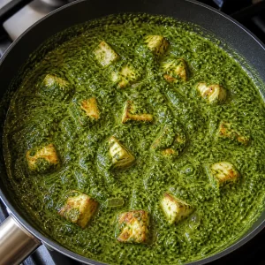 Paneer cubes coated in creamy spinach sauce