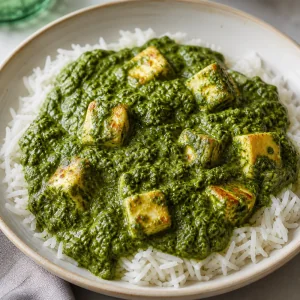 Saag paneer served over basmati rice
