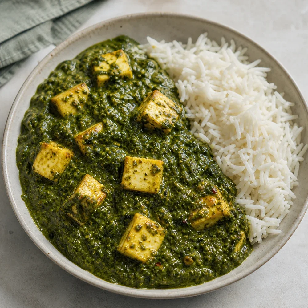 Saag paneer avec riz basmati dans un bol
