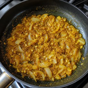 Spices stirred into onions in a skillet