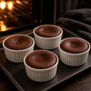 Baked lava cakes in white ramekins