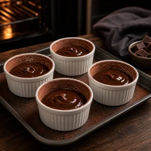 Chocolate batter divided among ramekins