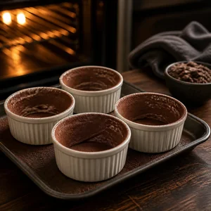 Cocoa-dusted ramekins near a warm oven