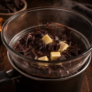 Dark chocolate and butter melting in a bowl