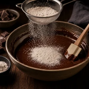 Flour sifted over chocolate cake batter
