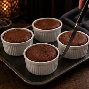 Knife loosening baked cakes in ramekins
