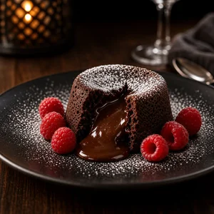 Molten chocolate cake with raspberries