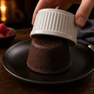 Ramekin lifted from a chocolate lava cake