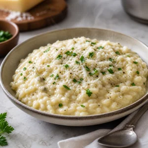 Creamy Parmesan risotto garnished with fresh parsley and served hot.