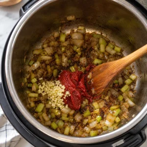 향채에 마늘과 토마토 페이스트를 섞는 모습